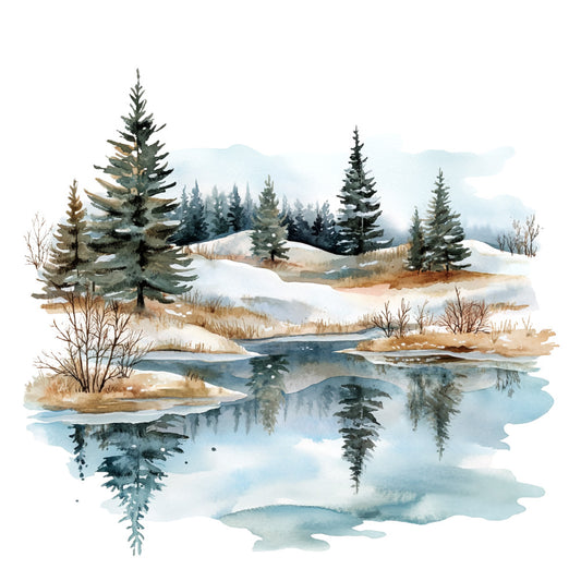 winter landscape, watercolor style, evergreen trees, pine trees, snow covered ground, reflective water, lake scene, blue tones, green conifers, beige grass, white snow, misty mountains, serene atmosphere, fabric panel, quilting cotton, nature scene, scottish highlands, peaceful setting, winter wonderland, forest reflection