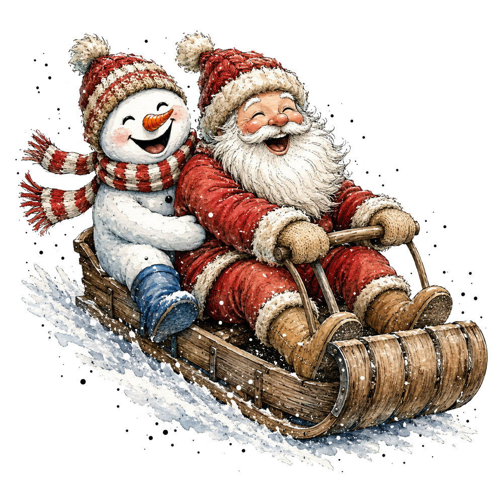 santa, snowman, christmas, holiday, winter, red, white, cream, blue, striped, whimsical, festive, jolly, vintage, traditional, nostalgic, snow, sleigh, carrot nose, tophat, candy cane stripes, rust red, cream white, cheerful, seasonal, kris kringle, father christmas, winter scene, snowy, folk art