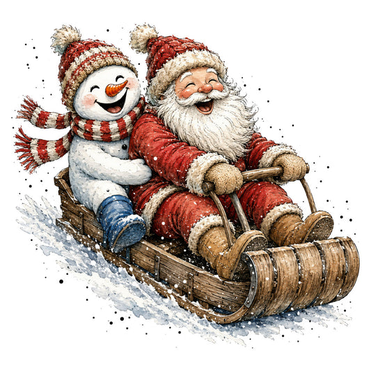 santa, snowman, christmas, holiday, winter, red, white, cream, blue, striped, whimsical, festive, jolly, vintage, traditional, nostalgic, snow, sleigh, carrot nose, tophat, candy cane stripes, rust red, cream white, cheerful, seasonal, kris kringle, father christmas, winter scene, snowy, folk art