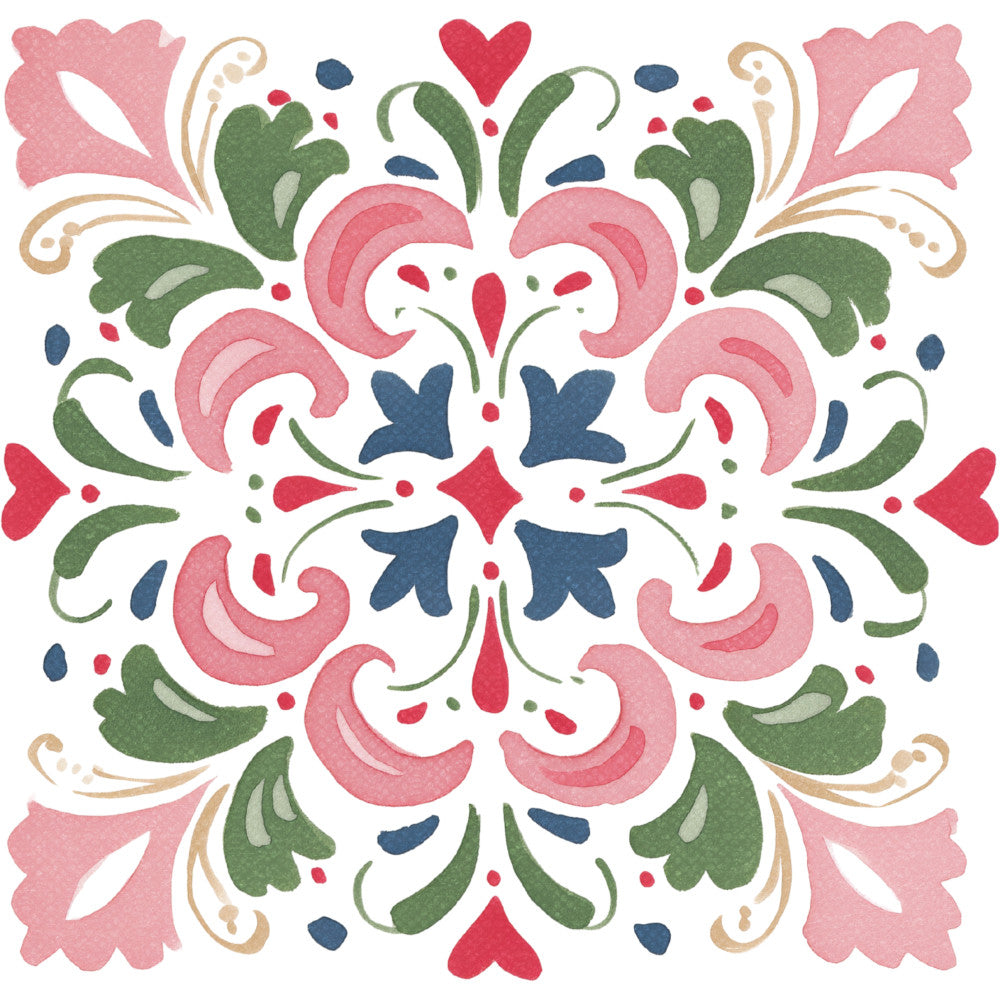 dusty rose, navy blue, forest green, coral pink, cream, tan, symmetrical, floral, geometric, damask, folk art, scandinavian, heart motif, star motif, leaf motifs, botanical, traditional, whimsical, elegant, vintage, spring, romantic, decorative, ornamental, medallion design, four-way symmetry, cottage core, country style, festive, charming