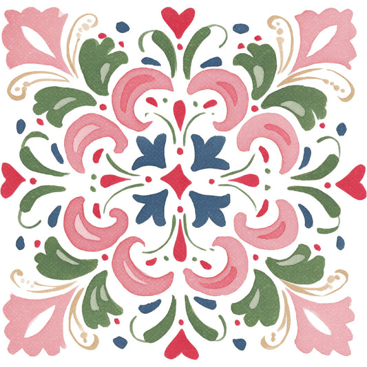 dusty rose, navy blue, forest green, coral pink, cream, tan, symmetrical, floral, geometric, damask, folk art, scandinavian, heart motif, star motif, leaf motifs, botanical, traditional, whimsical, elegant, vintage, spring, romantic, decorative, ornamental, medallion design, four-way symmetry, cottage core, country style, festive, charming
