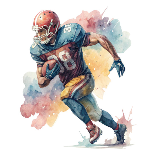 football, sports, watercolor, abstract, athlete, red helmet, navy blue, burgundy, gold accents, teal, dusty pink, artistic, watercolor splashes, ink wash, modern, dynamic, action pose, receiver, jersey number 3, masculine, recreational, competitive sports, american football, painted effect, soft blending, pastel watercolor, sports enthusiast