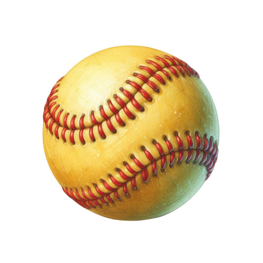 yellow softball, red stitching, sports theme, baseball, softball print, yellow ball, red thread detail, athletic, sports equipment, game ball, summer sports, recreation, yellow and red, bright yellow, crimson red, tan accents, spherical design, classic sports, vintage sports, americana, traditional sports, athletic wear, sports fan, diamond sports, ball sport, illustrated, detailed stitching, sports illustration, casual style, recreational theme