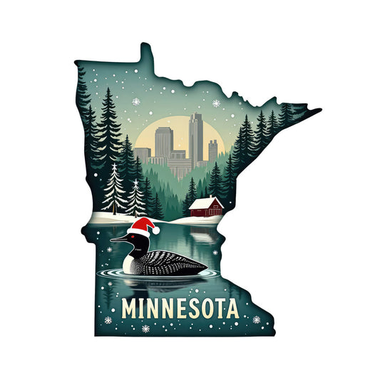 Christmas US States Fabric Panel 28 featuring Minnesota shape with festive loon, snowy trees, city skyline, and cabin in quilting cotton design.