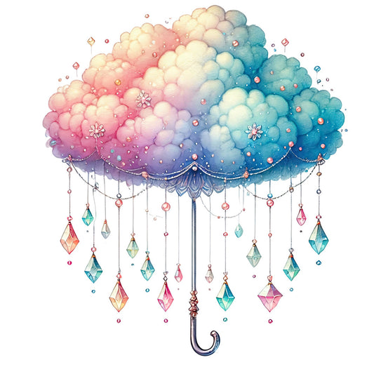 pastel pink, soft blue, lavender, coral, turquoise, gradient, ombre, clouds, whimsical, dreamy, celestial, magical, fantasy, gemstones, crystals, hanging jewels, decorative elements, umbrella, rain, children's, baby, nursery, girls, enchanted, storybook, delicate, elegant, spring, soft colors, watercolor style