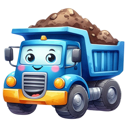 bright blue, golden yellow, orange, cheerful, cute truck, dump truck, anthropomorphic, children's, kids, playful, whimsical, vehicles, construction, cartoon style, friendly face, brown dirt, baby quilt, nursery, toddler, boy's fabric, transportation theme, smiling character, adorable, fun design, bright colors, illustration style, child-friendly, bedding