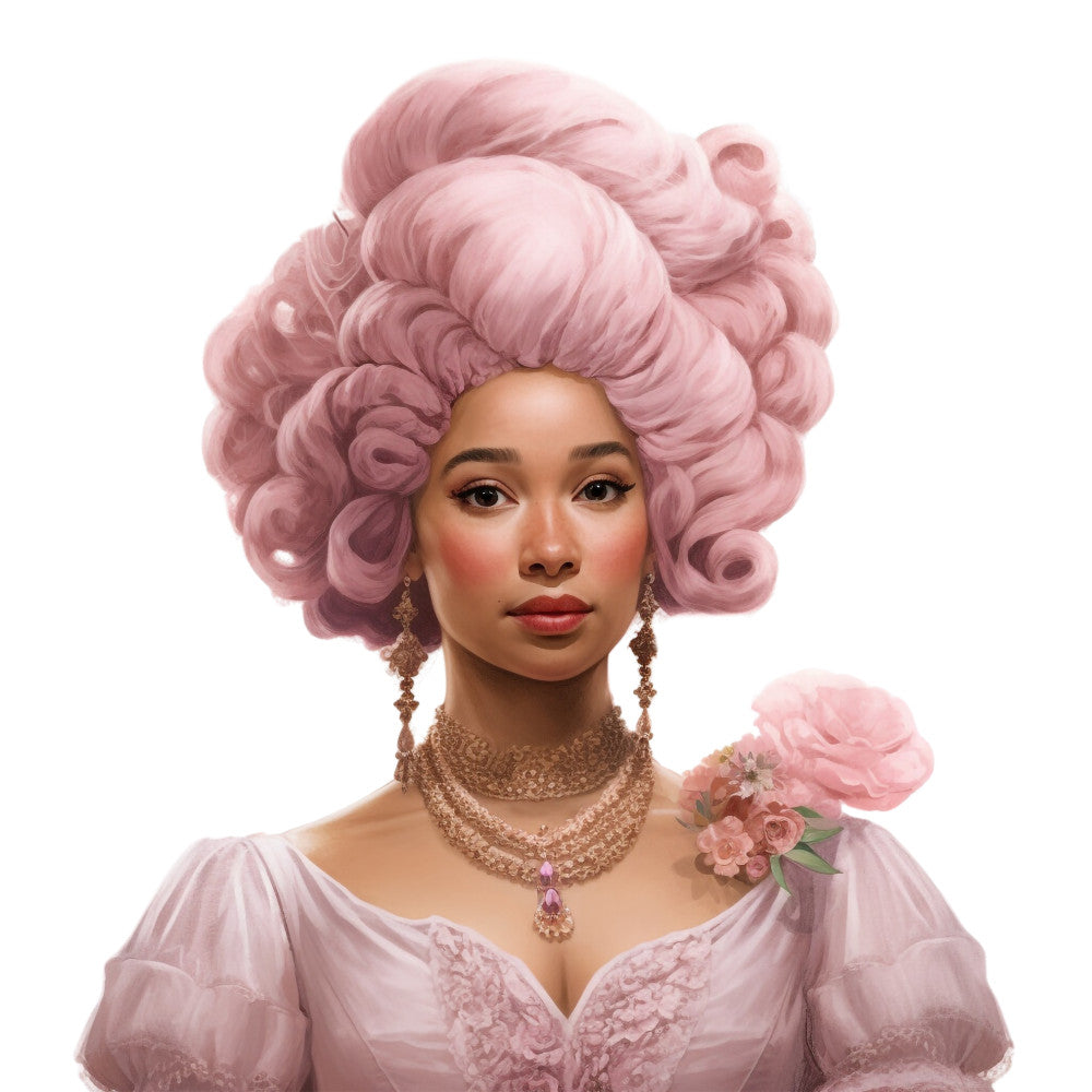 pink hair, powdered wig, regency woman, baroque style, rose gold, blush pink, portrait panel, period costume, ornate jewelry, floral accents, elegant lady, historical fashion, rococo influence, cotton panel, quilting fabric, decorative panel, 18th century, pastel tones, formal dress, vintage portrait
