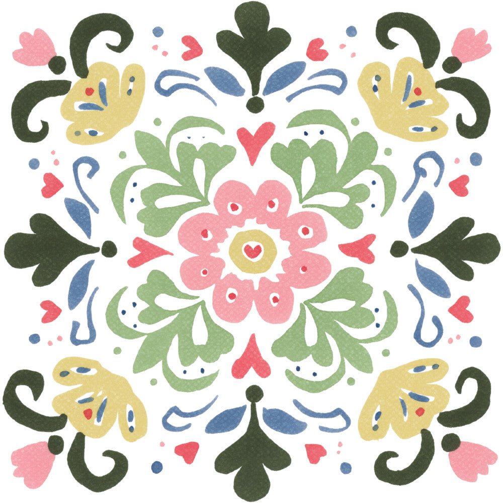 forest green, coral pink, dusty rose, pale yellow, slate blue, sage green, cream, heart motifs, floral pattern, symmetrical design, folk art, scandinavian style, whimsical, traditional, botanical, decorative leaves, ornamental, spring, summer, nature-inspired, vintage style, romantic, cottage core, medallion design, center focal point, small scale print, multi-colored, hand-drawn aesthetic, boho, rustic elegant