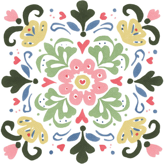forest green, coral pink, dusty rose, pale yellow, slate blue, sage green, cream, heart motifs, floral pattern, symmetrical design, folk art, scandinavian style, whimsical, traditional, botanical, decorative leaves, ornamental, spring, summer, nature-inspired, vintage style, romantic, cottage core, medallion design, center focal point, small scale print, multi-colored, hand-drawn aesthetic, boho, rustic elegant