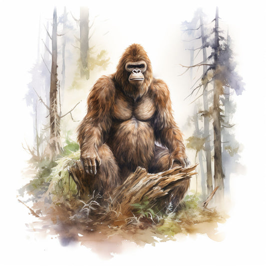 bigfoot, sasquatch, forest animal, woodland creature, wildlife, nature, brown, tan, beige, cream, misty, foggy, watercolor, naturalistic, realistic, forest scene, trees, conifer, wilderness, outdoor, adventure, cryptid, legendary, mysterious, rustic, earthy, neutral tones, panel quilt, wall hanging, home decor