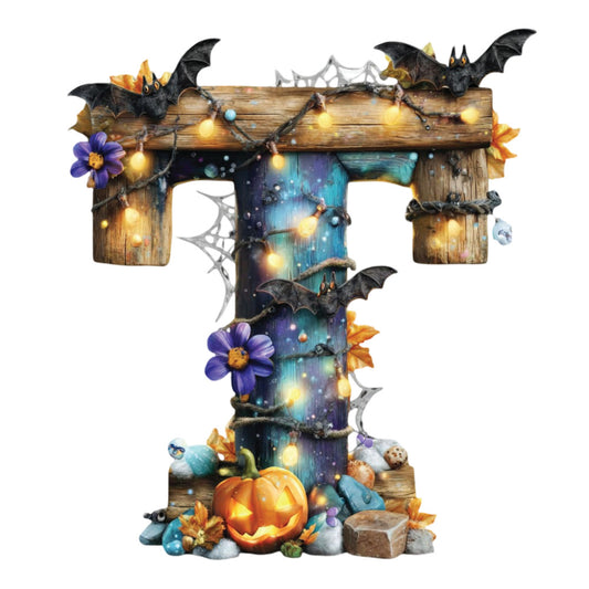 halloween, autumn, fall, pumpkin, bats, purple flowers, golden yellow, teal blue, wood texture, rustic, whimsical, spooky, festive, string lights, jack-o-lantern, glowing, magical, celestial, moon, flowers, leaves, seasonal, spiders, cobwebs, harvest, orange, dark blue, charcoal, wall hanging, decorative panel