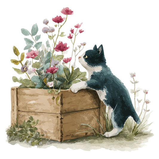 black and white cat, dusty rose, sage green, mauve, garden flowers, floral, botanical, nature, animals, cats, garden, cottage core, farmhouse, whimsical, rustic, elegant, vintage, spring, summer, roses, wildflowers, potted plants, wooden box, delicate, nature-inspired, peaceful, soft watercolor style, pet lover, garden lover