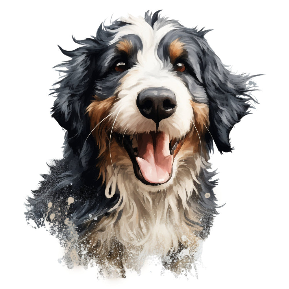dog portrait, bernese mountain dog, black and white dog, tri-color dog, tan brown and black, animal theme, dog lover, pet portrait, realistic dog art, expressive eyes, happy dog, smiling dog, whimsical style, modern art, watercolor effect, splatter effect, artistic portrait, dog mom gift, pet memorial, animal illustration, detailed fur, playful expression, home decor, wall hanging art, contemporary style
