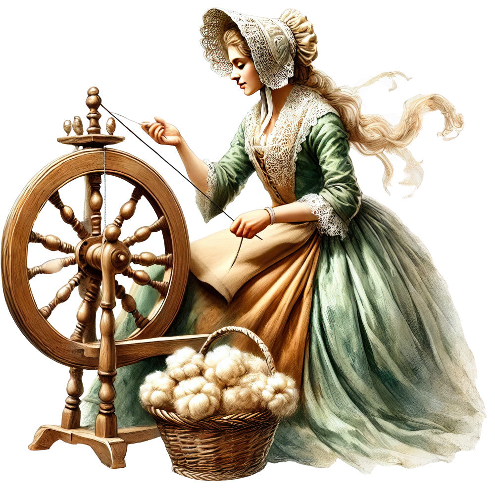 colonial woman, spinning wheel, green dress, bonnet, lace trim, blonde hair, wicker basket, wool yarn, historical scene, 18th century, domestic life, fiber arts, fabric panel, quilting cotton, sage green, cream white, brown tones, period costume, handcraft theme, americana motif