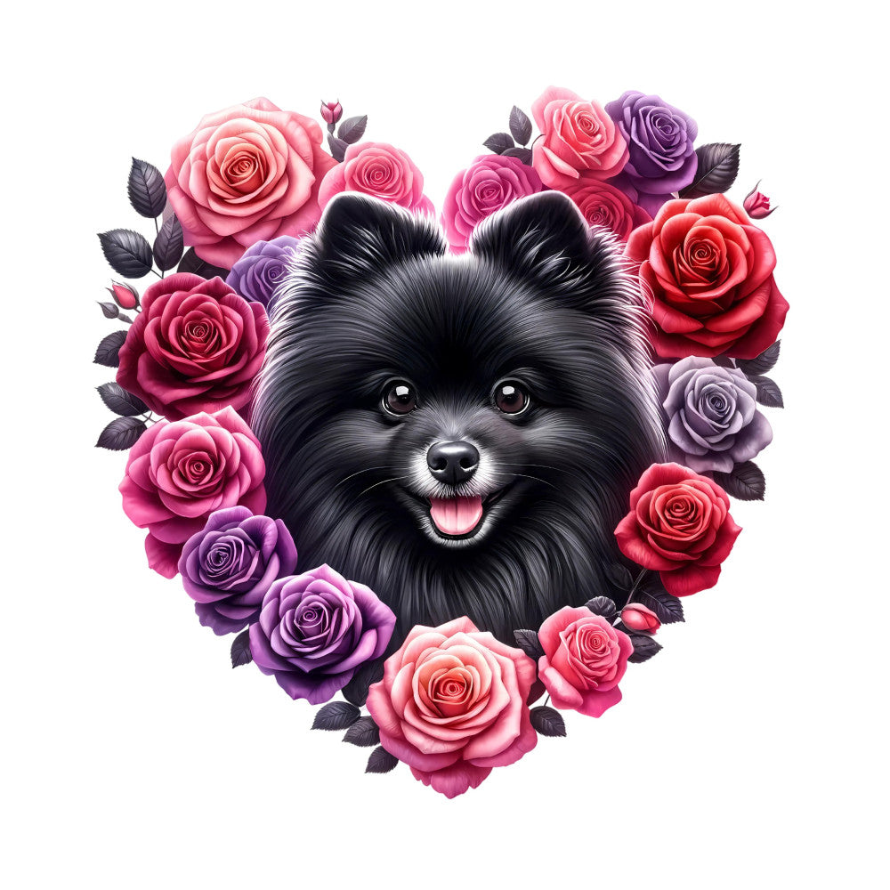 black pomeranian, dog portrait, floral heart, rose heart, pink roses, red roses, purple roses, coral roses, pastel pink, hot pink, deep purple, black dog, cute dog, animal portrait, dog lover, pet themed, whimsical style, romantic floral, flower frame, heart shaped, love themed, valentine's day, spring floral, feminine design, decorative panel, home decor, pet memorial, dog breed, small dog, fluffy dog