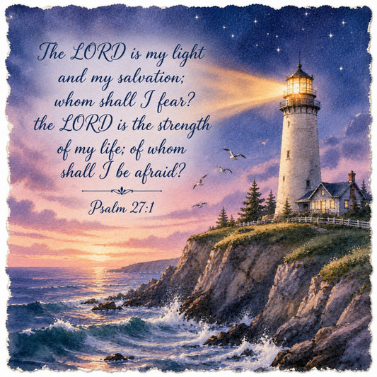 navy blue, purple, golden yellow, coral pink, sunset orange, cream, lighthouse, coastal, nautical, ocean waves, seascape, inspirational, religious, scripture, psalm, spiritual, evening sky, twilight, starry night, celestial, birds, nature, elegant, peaceful, traditional, wall hanging, decorative panel, spiritual decor, faith-based, motivational quote