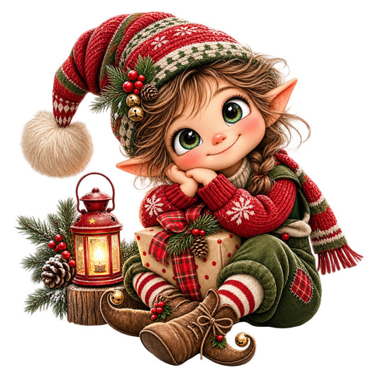 christmas, holiday, elf, whimsical, festive, red, forest green, cream, brown, winter, cute, gnome, fairy tale, magical, striped socks, plaid, pine cones, lantern, jingle bells, cozy, traditional, cheerful, character panel, seasonal, evergreen, gold accents, children's, decorative