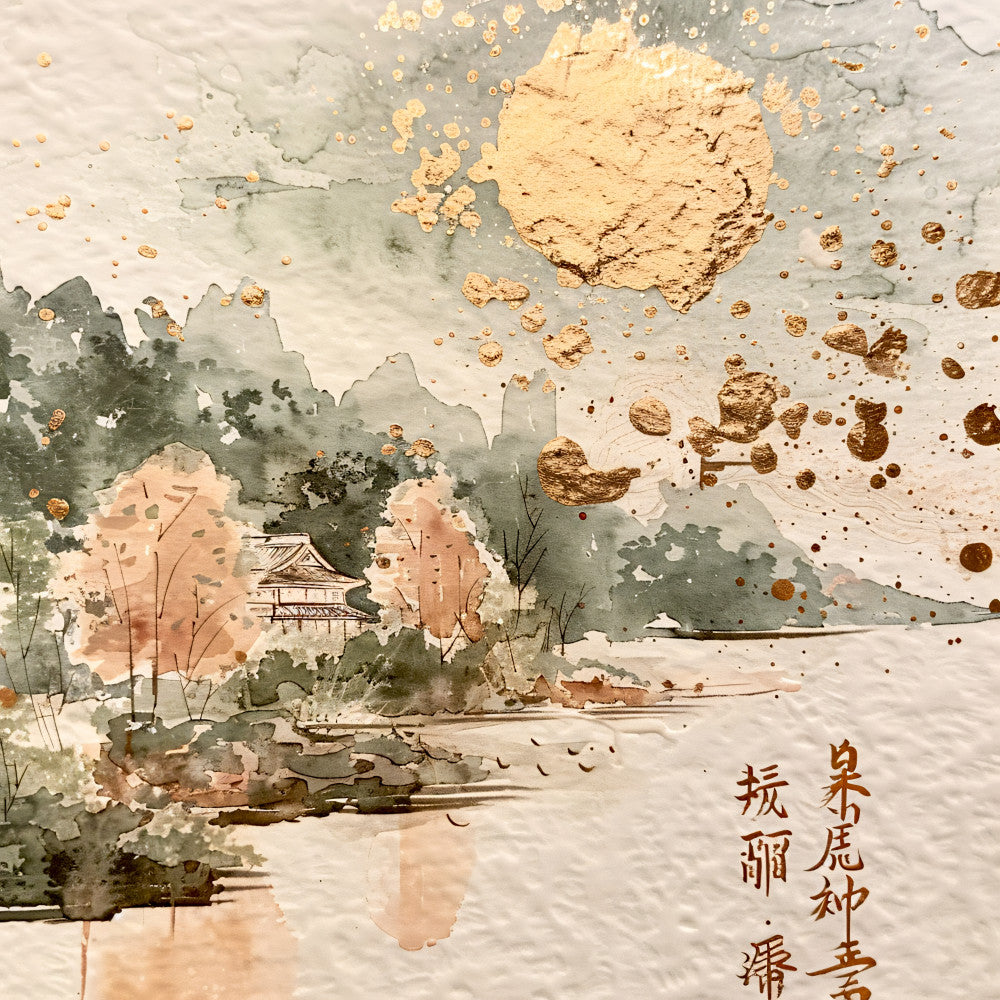 watercolor painting, asian landscape, pagoda temple, mountain scenery, autumn foliage, golden accents, sage green, peach tones, beige background, chinese characters, rice paper texture, fabric panel, quilting cotton, serene atmosphere, nature scene, trees, reflective water, misty mountains, peaceful setting, oriental art style