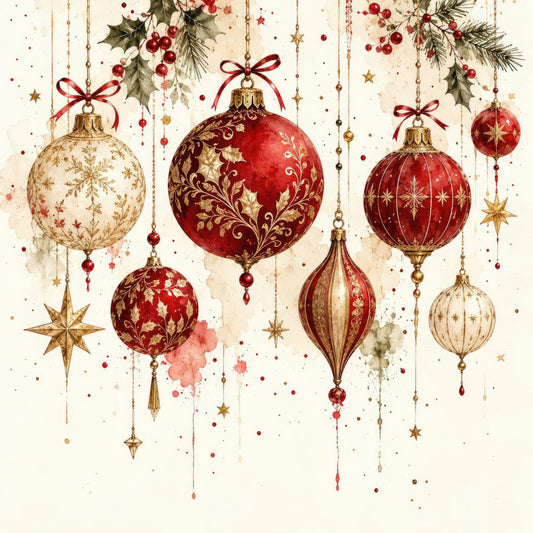 burgundy, gold, cream, red, vintage, christmas, holiday, ornaments, baubles, stars, elegant, traditional, festive, decorative balls, holly, evergreen, botanical, luxury, classical, winter, formal, refined, timeless, hanging ornaments, red and gold, metallic accents, victorian style, seasonal decor, celebration, embellished