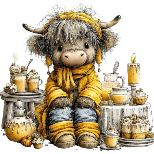 highland cow, cute animals, gold yellow, cream, gray, whimsical, farmhouse, cozy, autumn, fall, desserts, baked goods, cupcakes, coffee, tea, country, rustic, woodland, animal portrait, children's, baby, nursery, warm tones, illustrated, storybook style, honey tones, charming, folk art, decorative pillow, wall hanging