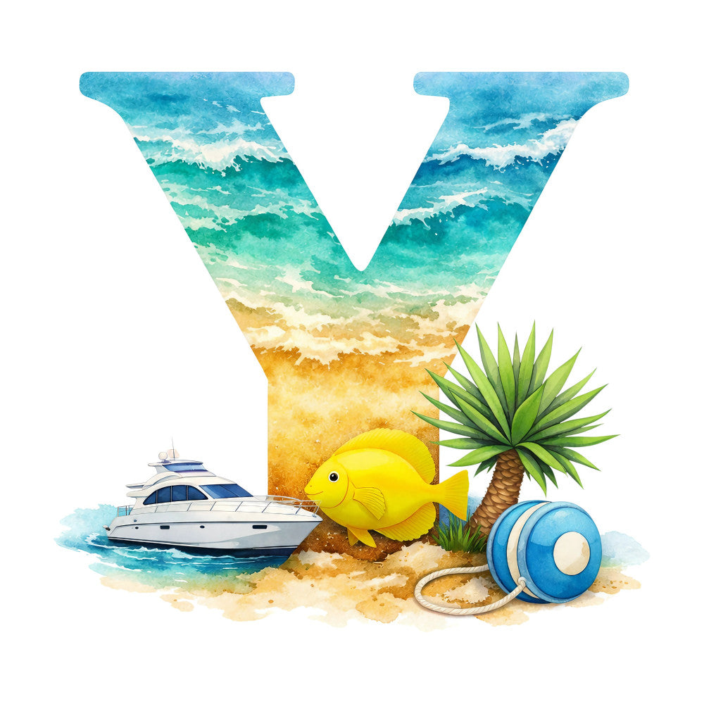 beach scene, ocean waves, tropical, nautical, turquoise, aqua blue, golden yellow, sandy beige, cream white, letter y, yellow tropical fish, palm tree, sailboat, beach ball, coastal, summer, seaside, whimsical, watercolor, children's, alphabet, monogram, travel theme, vacation vibes, under the sea, marine life, tropical fish, sandy beach, ocean blue, turquoise water