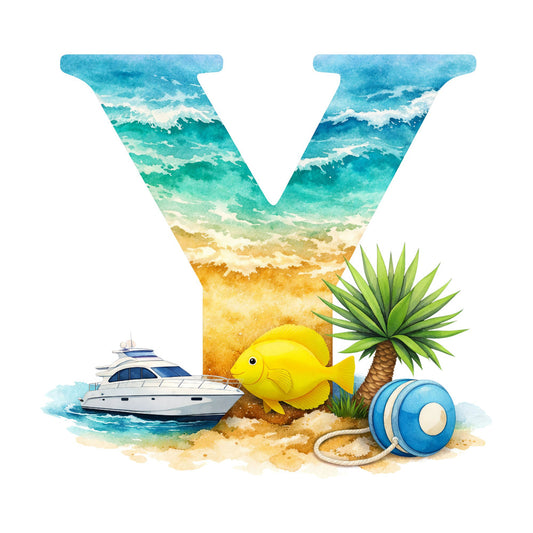 beach scene, ocean waves, tropical, nautical, turquoise, aqua blue, golden yellow, sandy beige, cream white, letter y, yellow tropical fish, palm tree, sailboat, beach ball, coastal, summer, seaside, whimsical, watercolor, children's, alphabet, monogram, travel theme, vacation vibes, under the sea, marine life, tropical fish, sandy beach, ocean blue, turquoise water