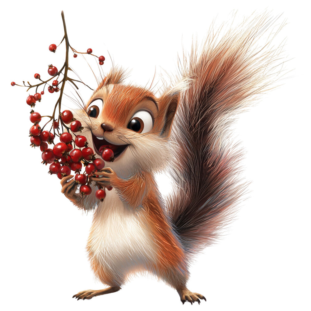 squirrel, red berries, reddish brown fur, white belly, fluffy tail, cartoon style, woodland animal, cute character, fabric panel, quilting cotton, nature theme, forest creatures, autumn berries, playful expression, children's fabric, whimsical design, animal illustration, craft panel, sewing project, nursery fabric