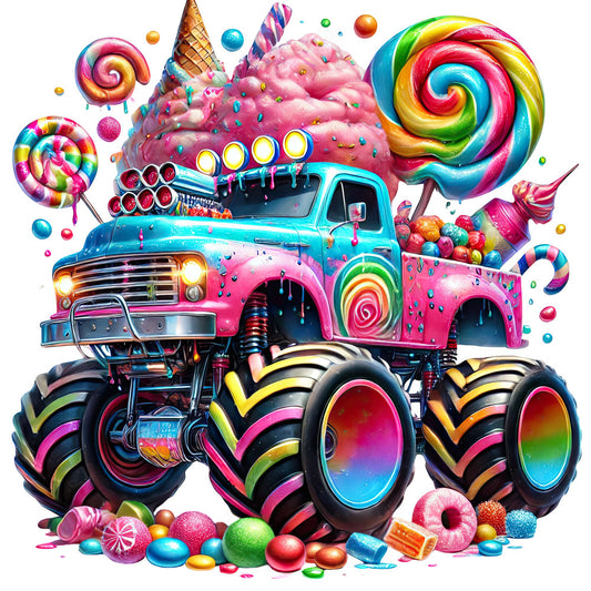 rainbow, candy, lollipop, ice cream cone, cotton candy pink, turquoise blue, lime green, hot pink, bright yellow, vibrant multi-color, monster truck, whimsical, playful, candy themed, sprinkles, gumballs, swirls, colorful spheres, fun, bold, children's, novelty, bright neon, bubblegum pink, electric blue, oversized print, candy shop, sweet treats, playful vehicle, contemporary