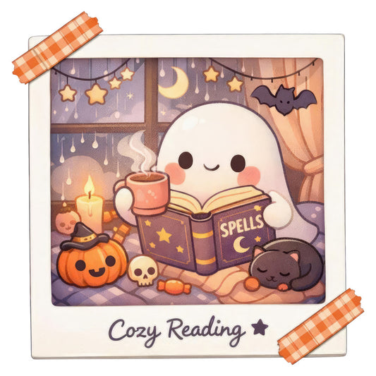 cozy reading, halloween, autumn, fall, ghost, pumpkin, spellbook, stars, moon, celestial, bat, skull, candle, warm brown, cream, orange, purple, gold accents, whimsical, spooky cute, kawaii, magical, witchy, cozy vibes, book lover, reading nook, dark academia, homestead, rustic, children's