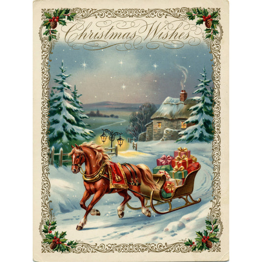 christmas wishes, vintage christmas, holiday, winter scene, snow, nostalgic, traditional, elegant, horse drawn sleigh, red horse, gift packages, presents, evergreen trees, pine trees, snow covered cottage, winter landscape, starry night, crescent moon, lantern, cream, gold, red, green, forest green, brick red, starlight, old fashioned, victorian, festive, seasonal