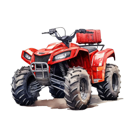 red atv, four wheeler, off-road vehicle, watercolor style, bright red, black tires, outdoor adventure, rugged terrain, fabric panel, quilting cotton, recreational vehicle, dirt path, knobby tires, front rack, handlebar grips, masculine theme, transportation motif, adventure sports, utility vehicle, oversized tires