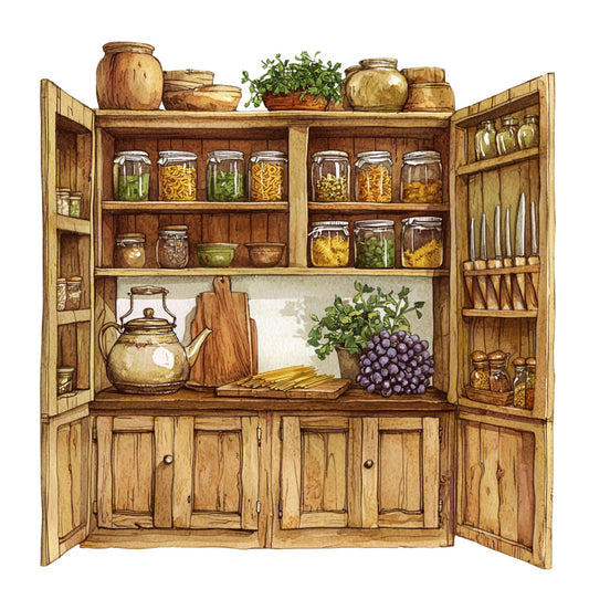 rustic kitchen, wooden cabinet, pantry shelves, glass jars, ceramic bowls, earthenware pottery, herbs plants, grapes cluster, cutting boards, teapot, kitchen knives, storage containers, warm browns, golden yellows, sage green, country style, vintage kitchen, fabric panel, quilting cotton, farmhouse theme