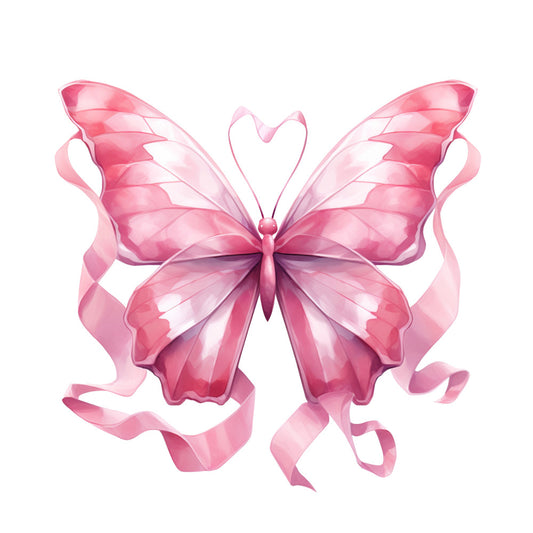 pink butterfly, rose pink, blush pink, mauve, translucent wings, flowing ribbons, breast cancer awareness, delicate wings, watercolor style, ethereal design, fabric panel, quilting cotton, soft pastels, graceful butterfly, ribbon motif, awareness ribbon, gentle artwork, feminine colors, cottagecore aesthetic, nature inspired