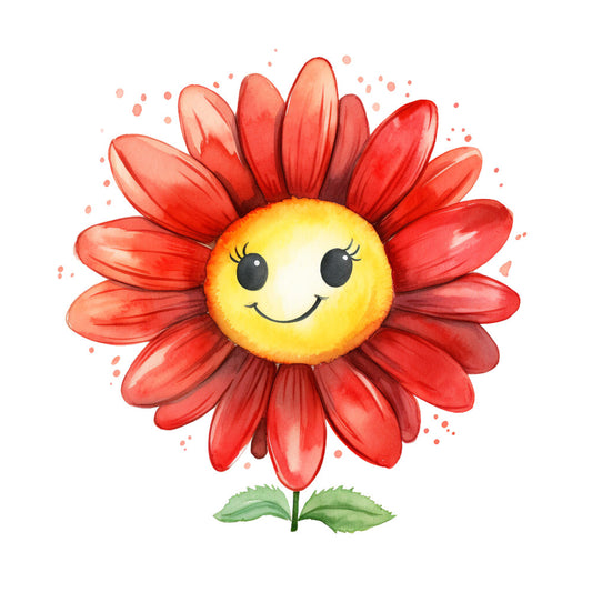 red petals, yellow center, smiling face, anthropomorphic flower, watercolor style, cheerful expression, green leaves, coral pink, bright yellow, happy flower, whimsical design, children's fabric, cute character, fabric panel, quilting cotton, floral motif, cartoon style, joyful mood, spring theme, decorative sewing