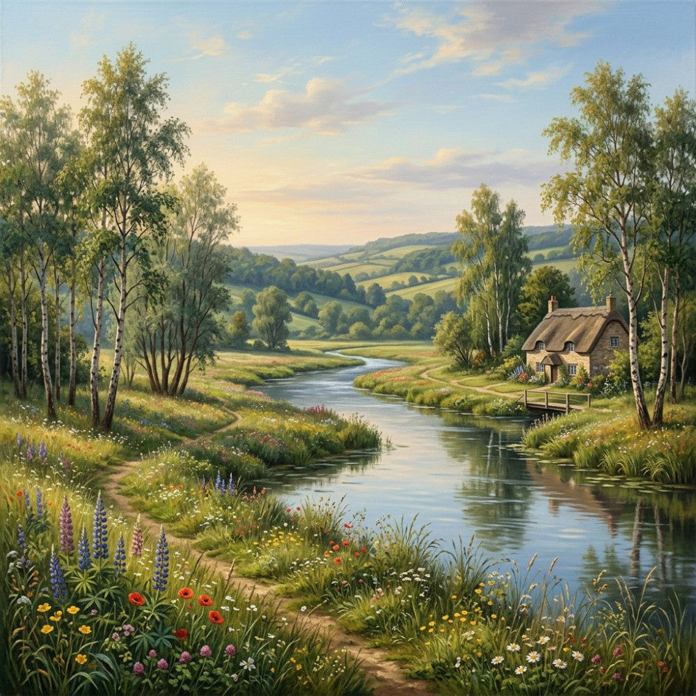 countryside landscape, pastoral scene, river landscape, rolling hills, thatched roof cottage, birch trees, wildflowers, lupines, poppies, daisies, spring flowers, summer landscape, rural village, peaceful nature, english countryside, soft greens, cream, sage green, sky blue, golden yellow, rustic farmhouse, traditional landscape, scenic view, nature inspired, cottage core, springtime, wildflower meadow, flowing water, picturesque scenery