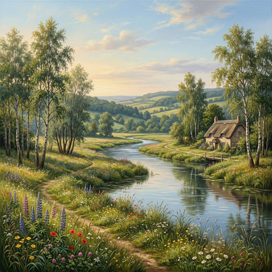 countryside landscape, pastoral scene, river landscape, rolling hills, thatched roof cottage, birch trees, wildflowers, lupines, poppies, daisies, spring flowers, summer landscape, rural village, peaceful nature, english countryside, soft greens, cream, sage green, sky blue, golden yellow, rustic farmhouse, traditional landscape, scenic view, nature inspired, cottage core, springtime, wildflower meadow, flowing water, picturesque scenery