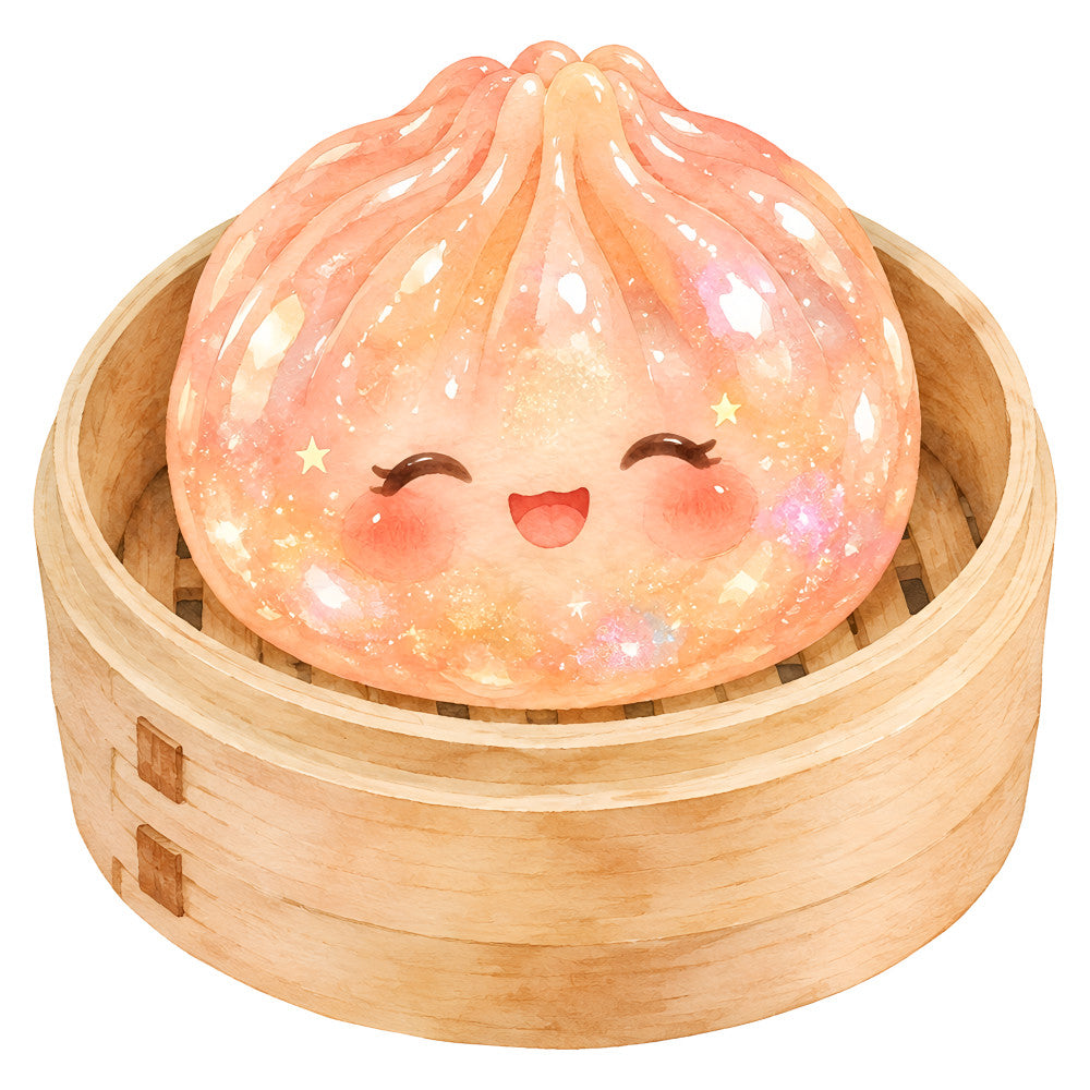 peach, coral pink, golden yellow, cream, rose gold, glitter, sparkle, whimsical, cute, kawaii, magical, fantasy, celestial, stars, dumpling, asian cuisine, food, character, face, smiling, happy, joyful, playful, children's, nursery, baby, girl, enchanted, dreamy, pastel
