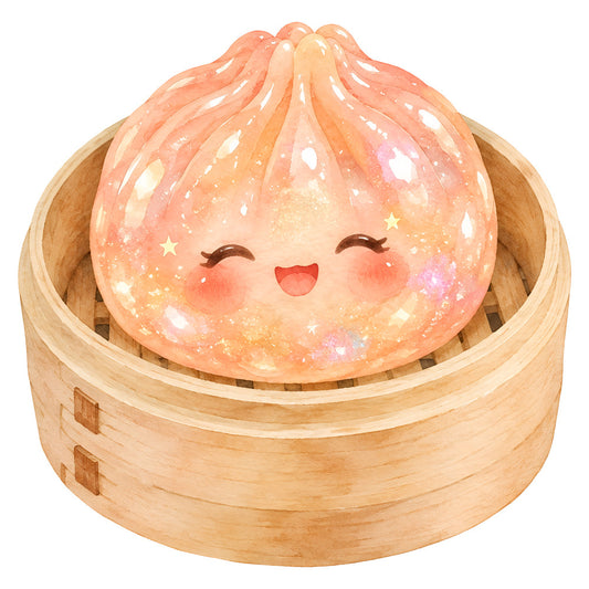 peach, coral pink, golden yellow, cream, rose gold, glitter, sparkle, whimsical, cute, kawaii, magical, fantasy, celestial, stars, dumpling, asian cuisine, food, character, face, smiling, happy, joyful, playful, children's, nursery, baby, girl, enchanted, dreamy, pastel
