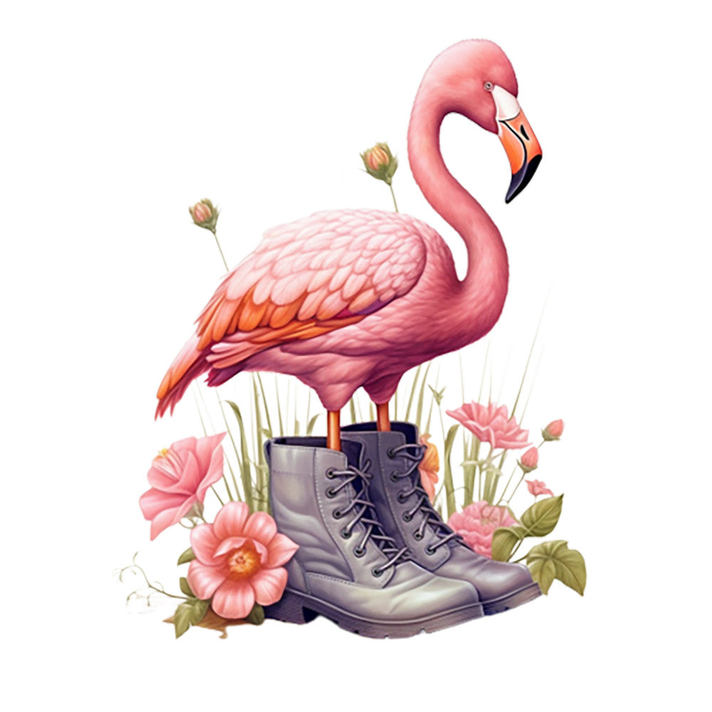 pink flamingo, combat boots, coral pink, sage green, watercolor style, floral elements, whimsical design, fabric panel, quilting cotton, tropical bird, lace-up boots, botanical flowers, artistic illustration, novelty print, crafting fabric, sewing panel, decorative motif, nature inspired, playful imagery, soft pastels