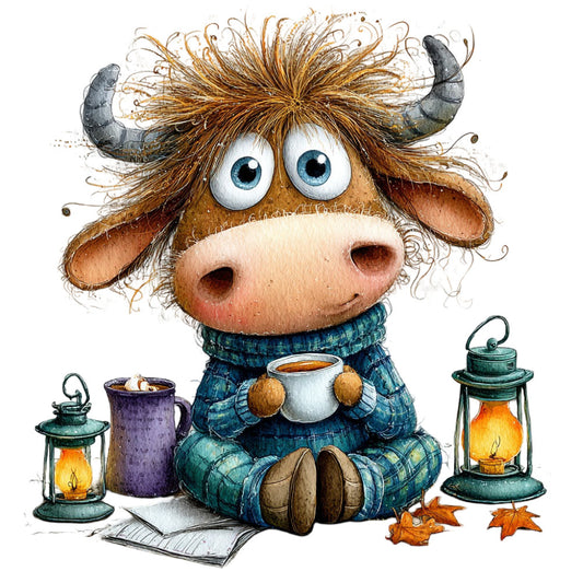 whimsical cow, teal blue, burnt orange, cream, brown, plaid pattern, tartan, animal theme, farmhouse style, rustic, cozy, autumn, fall, lanterns, campfire, camping, highland cow, sweet cow, cute animal, children's illustration, storybook style, cottage core, warm tones, flannel, homespun, hobbies, reading, hot beverages, seasonal, decorative panel
