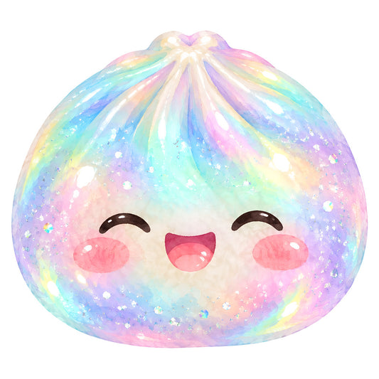 pastel rainbow, iridescent, holographic, gradient, ombre, cute character, kawaii, smiling face, closed eyes, rosy cheeks, sparkly, glitter effect, shimmery, magical, dreamy, whimsical, fantasy, celestial, rainbow colors, soft pastels, pale pink, lavender purple, baby blue, mint green, pale yellow, peach, enchanted, playful, children's, baby