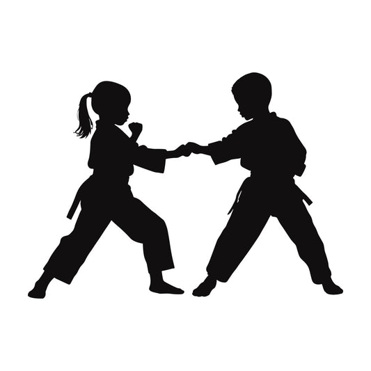 martial arts, karate, kids, children, silhouette, black, monochrome, sports, action, dynamic, fighting, combat, judo, taekwondo, belt, gi, dojo, training, athletic, youth, boys, girls, active wear, modern, contemporary, graphic, striking pose, competitive, discipline, strength