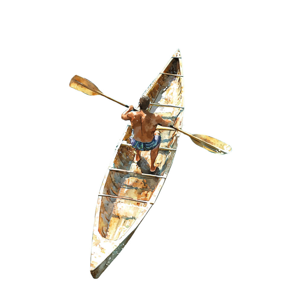 watercolor style, canoe, paddling, shirtless man, tropical, hawaiian, ocean blue, earth tones, brown, tan, beige, outdoor adventure, water sports, island life, fabric panel, quilting cotton, scenic illustration, maritime theme, pacific culture, leisure activity
