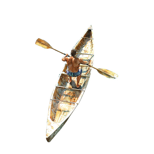 watercolor style, canoe, paddling, shirtless man, tropical, hawaiian, ocean blue, earth tones, brown, tan, beige, outdoor adventure, water sports, island life, fabric panel, quilting cotton, scenic illustration, maritime theme, pacific culture, leisure activity