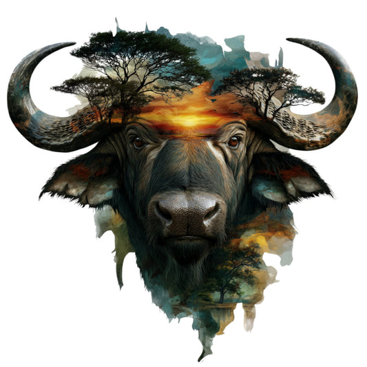 buffalo, wildlife, african animals, double exposure, nature landscape, mountains, sunset, acacia trees, savanna, bronze, copper, warm gold, teal blue, forest green, earthy tones, abstract art, artistic, bohemian, modern, mystical, spiritual, animal silhouette, landscape art, scenic, rustic, natural, home decor, wall hanging, inspirational, artistic panel