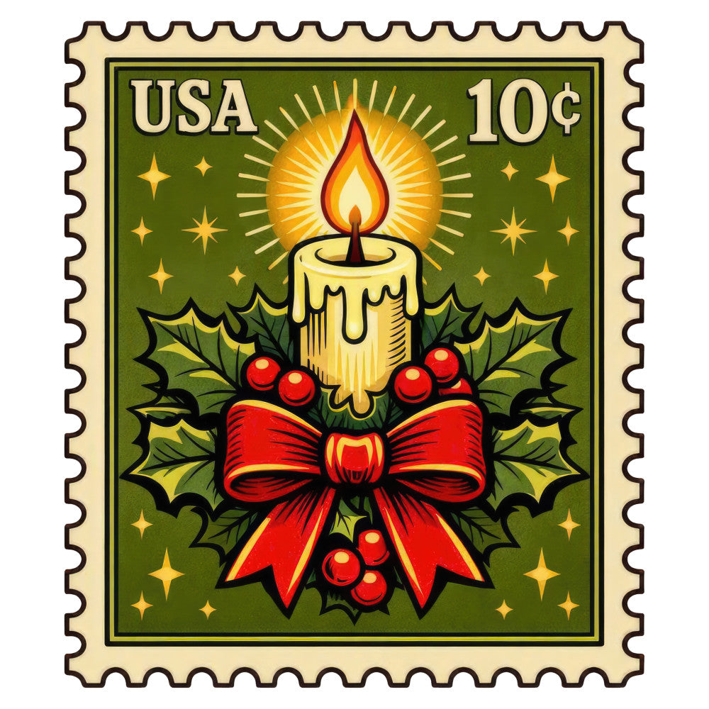 forest green, cream, red, gold, yellow, vintage, holiday, christmas, candle, holly, berries, bow, festive, traditional, elegant, whimsical, stamp design, postage stamp, nostalgic, retro, seasonal, winter, decorative, stars, sparkles, nature, botanical, timeless, classic, formal