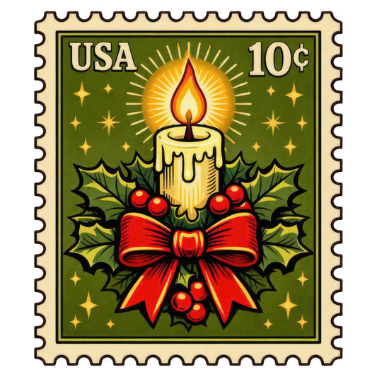 forest green, cream, red, gold, yellow, vintage, holiday, christmas, candle, holly, berries, bow, festive, traditional, elegant, whimsical, stamp design, postage stamp, nostalgic, retro, seasonal, winter, decorative, stars, sparkles, nature, botanical, timeless, classic, formal