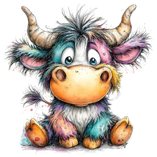whimsical, colorful, multicolor, turquoise, pink, purple, teal, orange, yellow, pastel, watercolor, cute animals, bull, ox, highland cattle, fantasy creatures, children's illustration, playful, quirky, modern illustration, vibrant, splashes, artistic, nursery, kids, character design, storybook, illustration art, animal motif, expressive eyes
