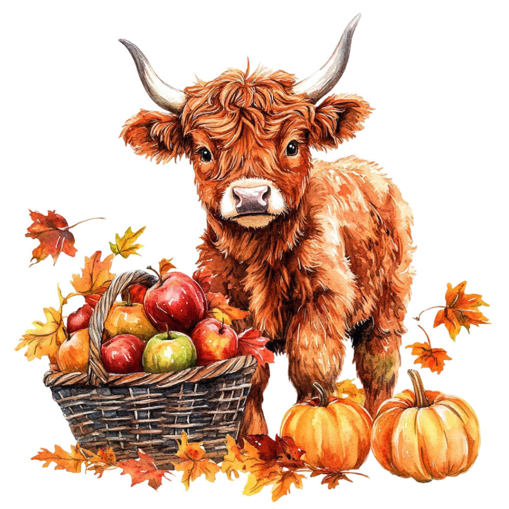 rust orange, cream, golden yellow, burnt orange, terracotta, highland cattle, highland cow, animals, farm animals, autumn, fall, harvest, pumpkins, apples, fruit basket, maple leaves, rustic, farmhouse, whimsical, country, pastoral, seasonal, thanksgiving, autumn harvest, cozy, warm tones, nature inspired, folk art style, traditional, charming