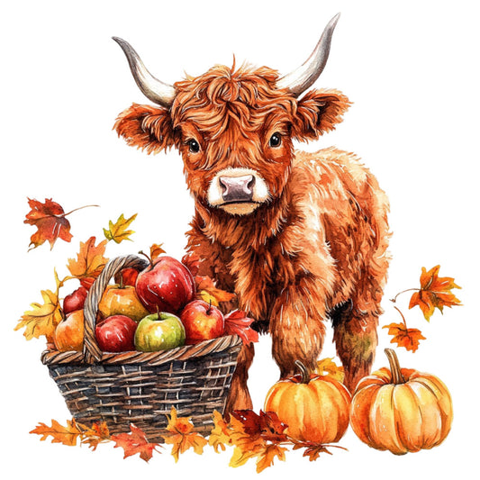 rust orange, cream, golden yellow, burnt orange, terracotta, highland cattle, highland cow, animals, farm animals, autumn, fall, harvest, pumpkins, apples, fruit basket, maple leaves, rustic, farmhouse, whimsical, country, pastoral, seasonal, thanksgiving, autumn harvest, cozy, warm tones, nature inspired, folk art style, traditional, charming